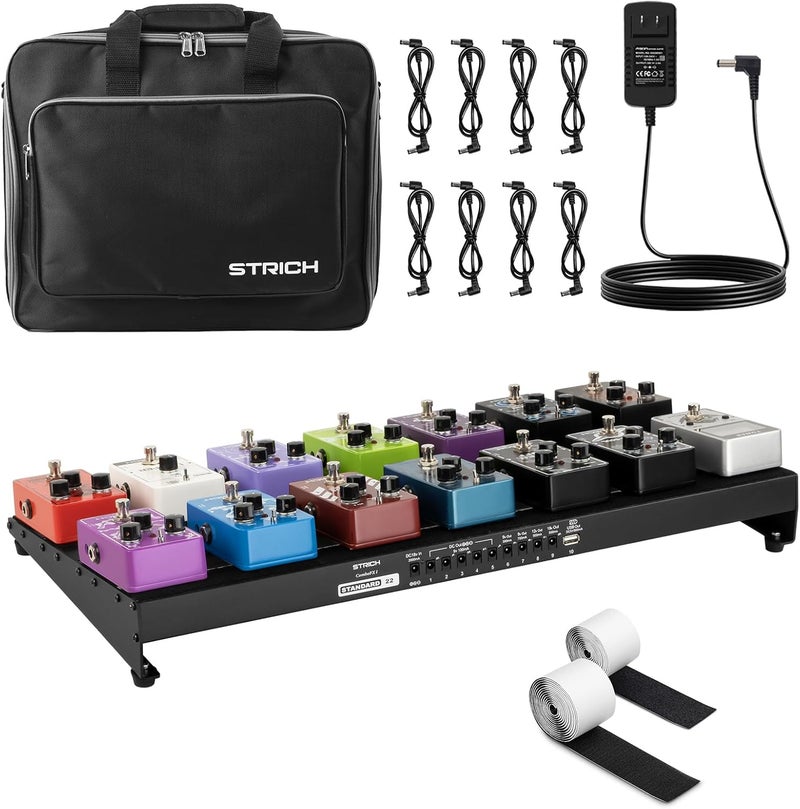 STRICH Guitar Pedal Board with Built-in Power Supply, Pedal Board 22 x 11" Lightweight 3.31lb Aluminum Alloy, PedalBoard with Pedal Cables, Bag, Hook Loop Strips PB-S22 - Image 1